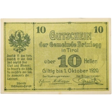 Банкнота 10 геллеров 1920 года Австрия — община Брикслегг в Тироле (Нотгельд) (аверс)