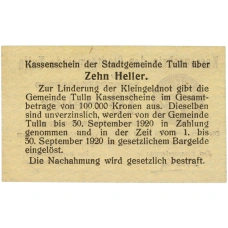 Банкнота 10 геллеров 1920 года Австрия — город Тульн (Нотгельд) (реверс)