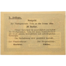 Банкнота 20 геллеров 1920 года Австрия — город Тульн (Нотгельд) (вид 2)