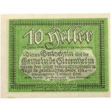Банкнота 10 геллеров 1920 года Австрия — община Зиценхайм (Нотгельд) (реверс)