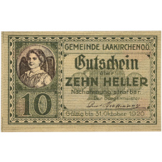 Банкнота 10 геллеров 1920 года Австрия — община Лаакирхен (Нотгельд) (аверс)