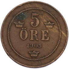 Монета 5 эре 1905 года Швеция (аверс)