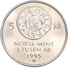 Монета 5 крон 1995 года Норвегия «1000 лет чеканке монет Норвегии» (аверс)