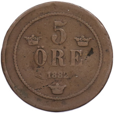 Монета 5 эре 1882 года Швеция (аверс)