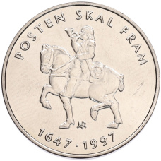 Монета 5 крон 1997 года Норвегия «350 лет Норвежской почтовой службе» (аверс)