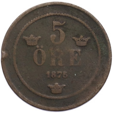 Монета 5 эре 1875 года Швеция (аверс)