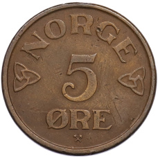 Монета 5 эре 1957 года Норвегия (аверс)