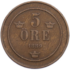 Монета 5 эре 1889 года Швеция (аверс)