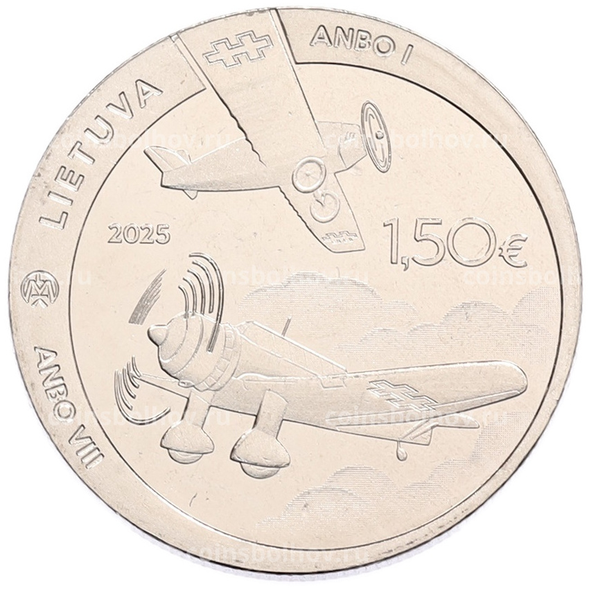 Монета 1.5 евро 2025 года Литва «100-летний юбилей — Самолет ANBO» (вид 2)