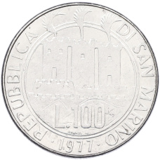 Монета 100 лир 1977 года Сан-Марино «Экология — Скелет рыбы» (реверс)