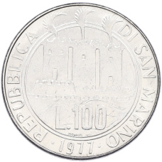Монета 100 лир 1977 года Сан-Марино «Экология — Скелет рыбы» (реверс)