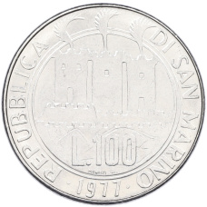 Монета 100 лир 1977 года Сан-Марино «Экология — Скелет рыбы» (реверс)