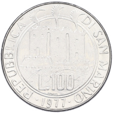 Монета 100 лир 1977 года Сан-Марино «Экология — Кольцо из звезд» (реверс)