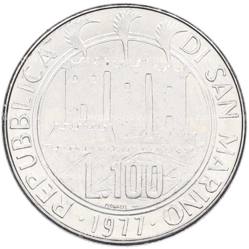 Монета 100 лир 1977 года Сан-Марино «Экология — Кольцо из звезд» (вид 2)