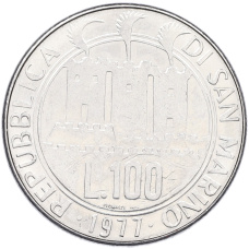 Монета 100 лир 1977 года Сан-Марино «Экология — Кольцо из звезд» (реверс)