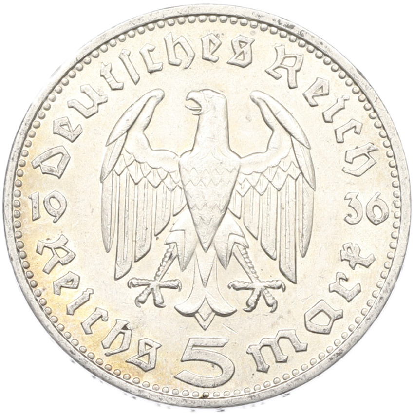 Монета 5 рейхсмарок 1936 года J Германия