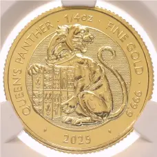 Монета 25 фунтов 2025 года Великобритания «Звери Тюдоров — Пантера королевы» в слабе CPRC (MS68) (аверс)