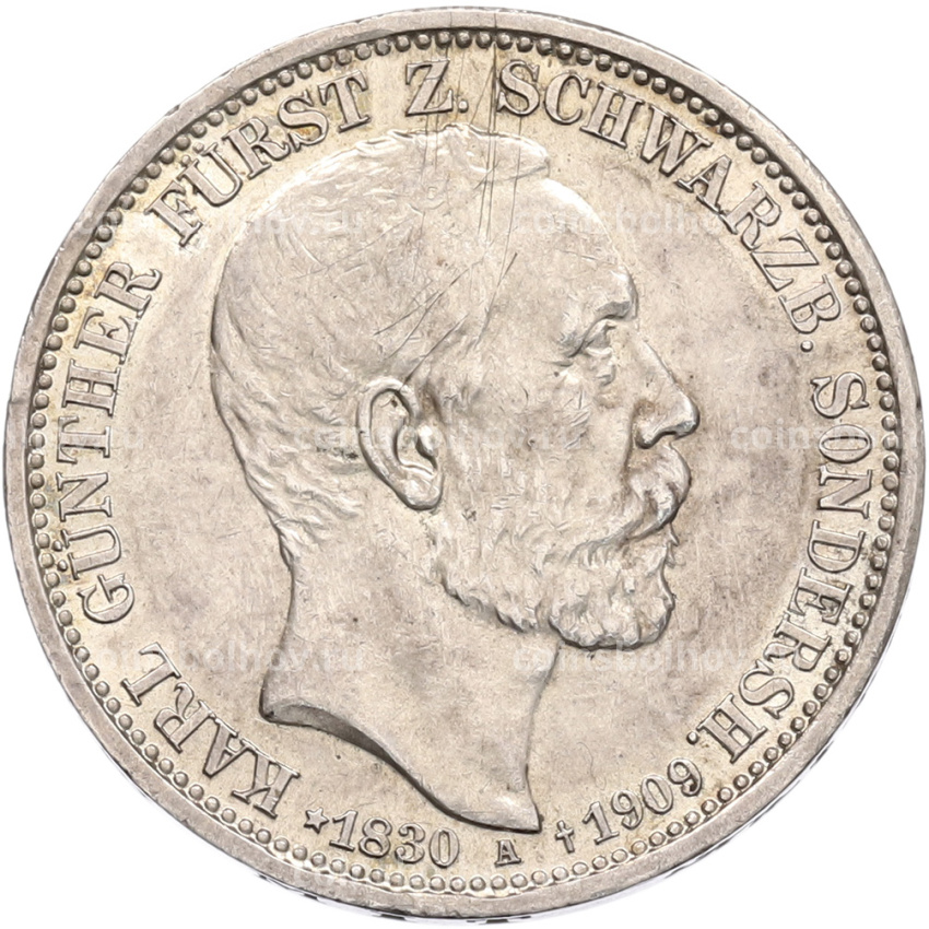 Монета 3 марки 1909 года Германия (Шварцбург-Зондерсгаузен) «Смерть Карла Гюнтера»