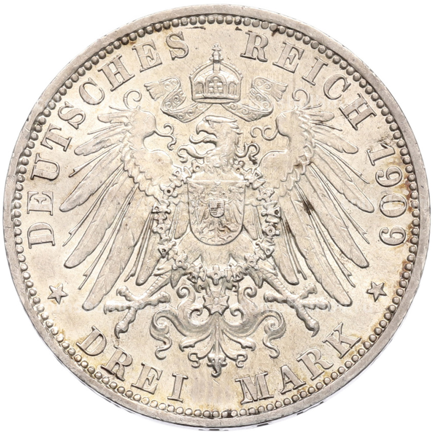 Монета 3 марки 1909 года Германия (Шварцбург-Зондерсгаузен) «Смерть Карла Гюнтера» (вид 2)