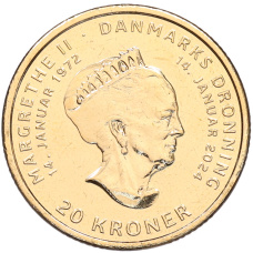 Монета 20 крон 2024 года Дания «Отречение королевы Маргрете II от престола» (аверс)