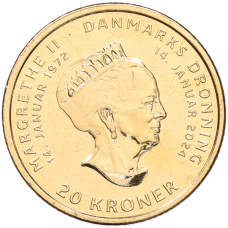 Монета 20 крон 2024 года Дания «Отречение королевы Маргрете II от престола» (аверс)
