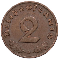 Монета 2 рейхспфеннига 1937 года D Германия (реверс)