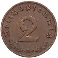 Монета 2 рейхспфеннига 1937 года D Германия (реверс)