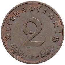 Монета 2 рейхспфеннига 1938 года F Германия (реверс)