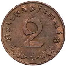 Монета 2 рейхспфеннига 1939 года D Германия (реверс)