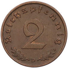 Монета 2 рейхспфеннига 1937 года D Германия (реверс)