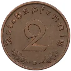 Монета 2 рейхспфеннига 1937 года D Германия (реверс)