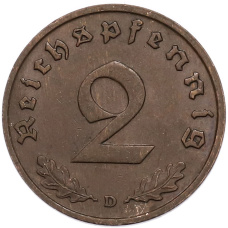 Монета 2 рейхспфеннига 1937 года D Германия (реверс)