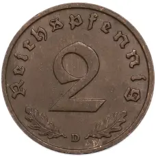 Монета 2 рейхспфеннига 1937 года D Германия (реверс)