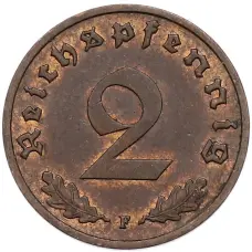 Монета 2 рейхспфеннига 1938 года F Германия (реверс)