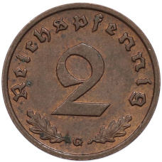 Монета 2 рейхспфеннига 1939 года G Германия (реверс)