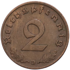 Монета 2 рейхспфеннига 1939 года D Германия (реверс)