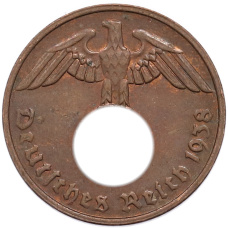 Монета 2 рейхспфеннига 1938 года G Германия (аверс)