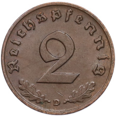Монета 2 рейхспфеннига 1939 года D Германия (реверс)