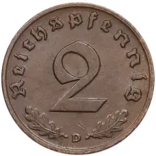 Монета 2 рейхспфеннига 1939 года D Германия (реверс)