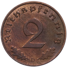 Монета 2 рейхспфеннига 1939 года D Германия (реверс)