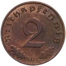 Монета 2 рейхспфеннига 1939 года D Германия (реверс)
