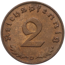 Монета 2 рейхспфеннига 1938 года D Германия (реверс)
