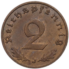 Монета 2 рейхспфеннига 1938 года J Германия (реверс)