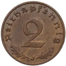 Монета 2 рейхспфеннига 1938 года J Германия (реверс)
