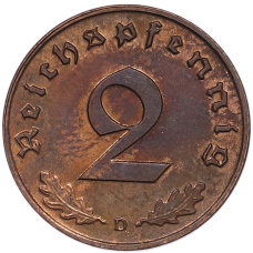 Монета 2 рейхспфеннига 1938 года D Германия (реверс)