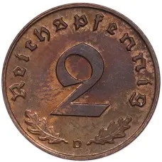 Монета 2 рейхспфеннига 1938 года D Германия (реверс)