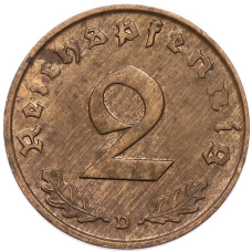 Монета 2 рейхспфеннига 1937 года D Германия (реверс)