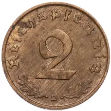 Монета 2 рейхспфеннига 1937 года D Германия (реверс)