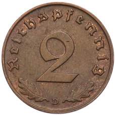 Монета 2 рейхспфеннига 1938 года D Германия (реверс)