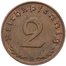 Монета 2 рейхспфеннига 1938 года D Германия (реверс)